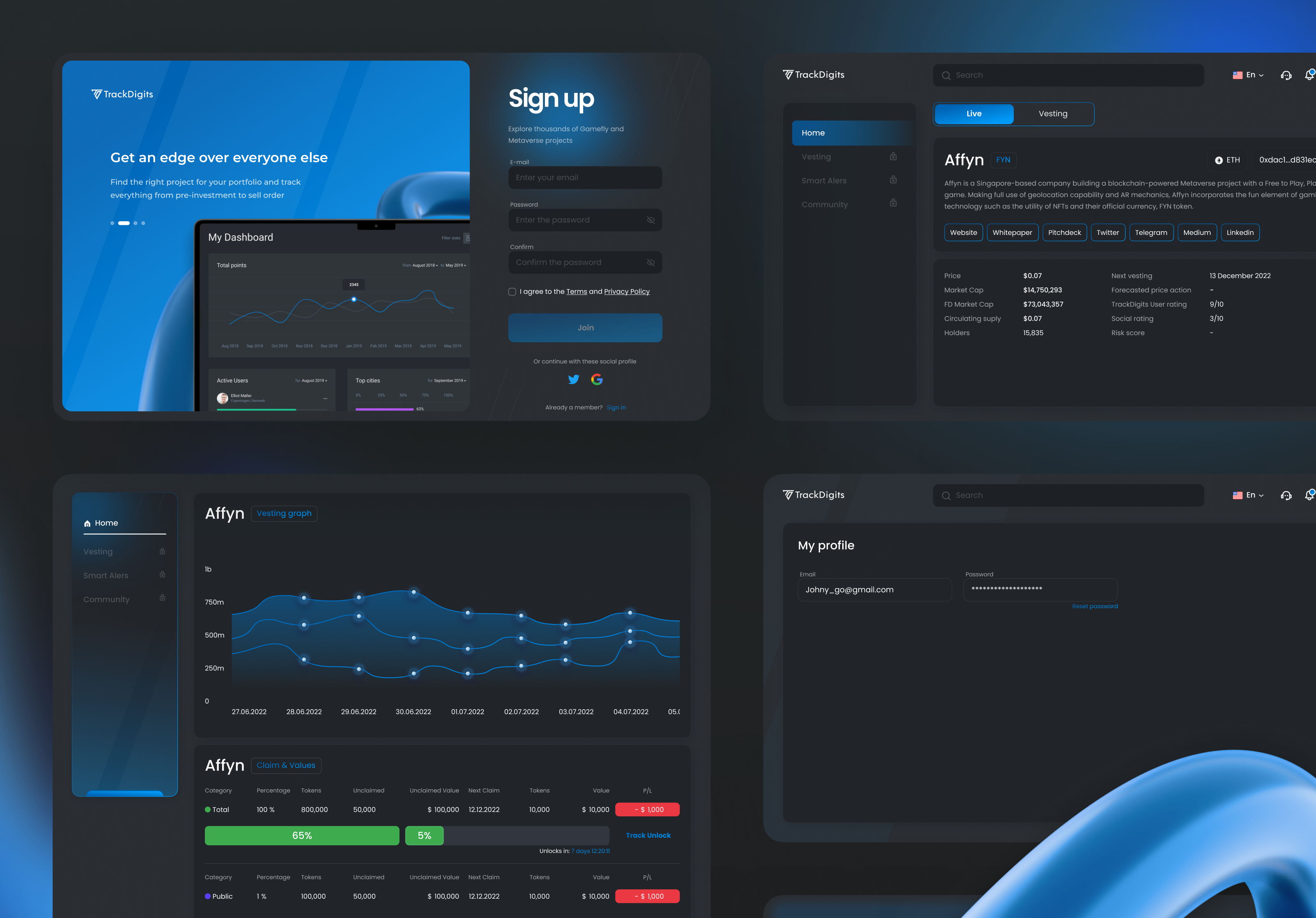 TrackDigits — Web3 Dashboard & Tokenomics UI analytics blockchain crypto crypto app design dashboard data visualization defi dashboard finance fintech gamefi platform saas saas dashboard ui startup tokenomics vesting web3 web3 app
