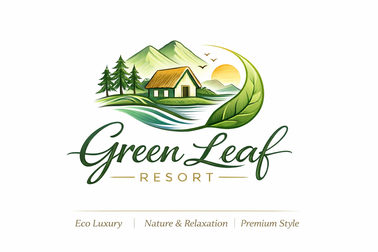 Green Leaf Resort – Eco Luxury Nature Branding Logo Design cottage logo design creative logo showcase eco branding inspiration eco resort branding green branding design green leaf logo hospitality logo design hospitality logo inspiration luxury resort logo mfdesignzone mountain cottage logo nature logo design premium nature logo resort logo concept resort logo design tourism brand identity travel brand identity travel logo design vector logo design