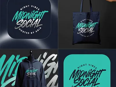 Midnight Social – Premium Event Logo apparel mockup badge logo brand identity circular logo creative logo showcase digital logo presentation elegant badge logo event branding hand lettered typography high contrast logo hoodie mockup inverted logo logo design merchandise mockup modern script logo night event branding premium branding stylish logo design tote bag design typography design