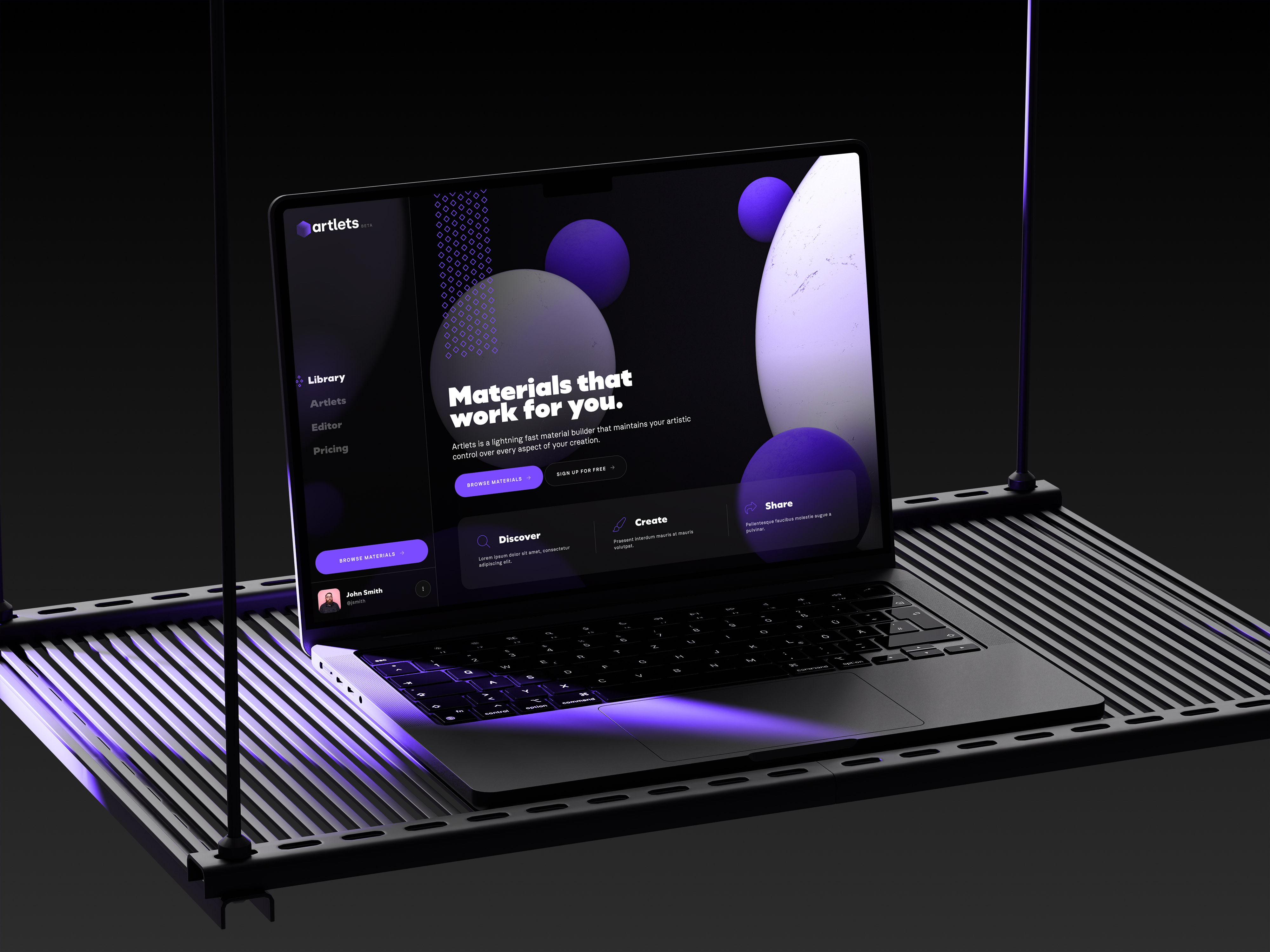 Artlets 3d blue brand branding community dark design estonia figma gallery library material platform product product design purple ui ux