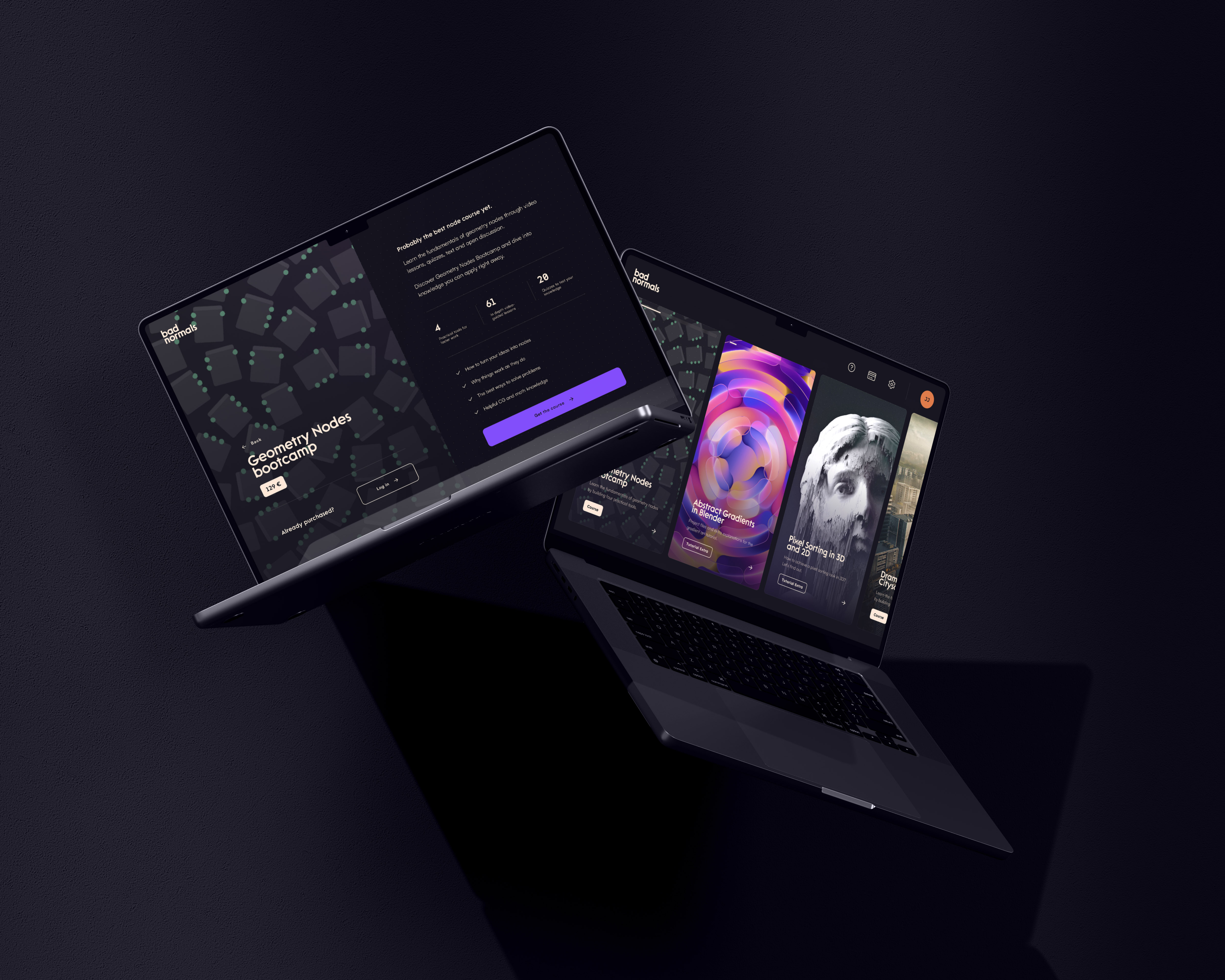 Bad Normals 3d app blender brand course dark design education learning lesson platform product quiz teaching ui ux video