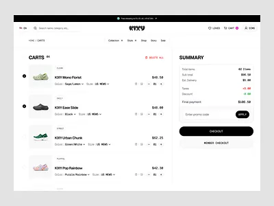 KIXY — Shopping Cart & Checkout Experience brand website cart page design checkout page clogs conversion design ecommerce experience ecommerce ui fashion ecommerce footwear footwear website minimal ui modern web design online store product checkout responsive layout retail website sandals shopping cart design web design web interface