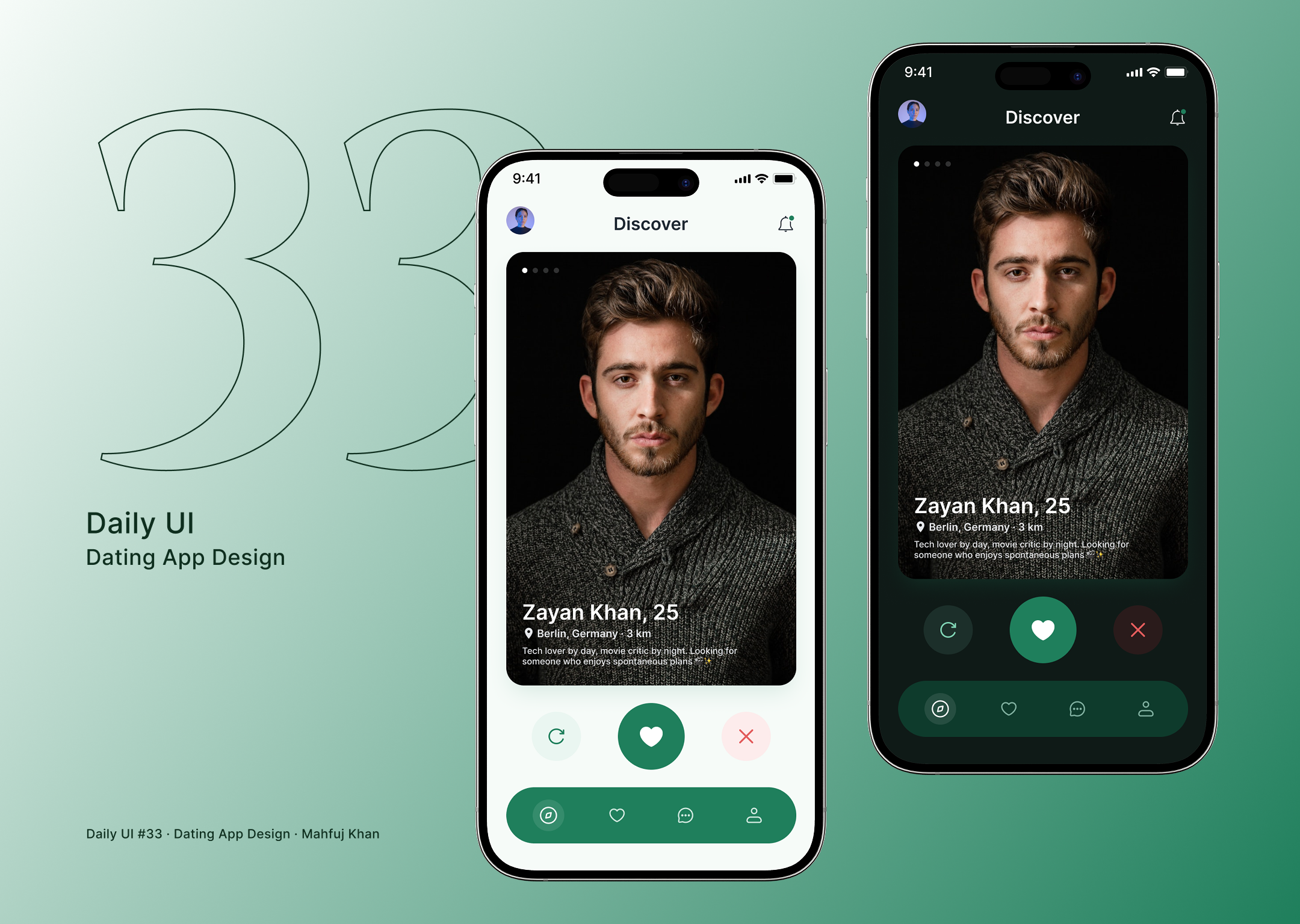 Daily UI #33 — Dating App Design dailyui dailyui33 dark mode dating app ui discover screen figma interface light mode minimal mobile ui profile card swipe interface uidesign ux design
