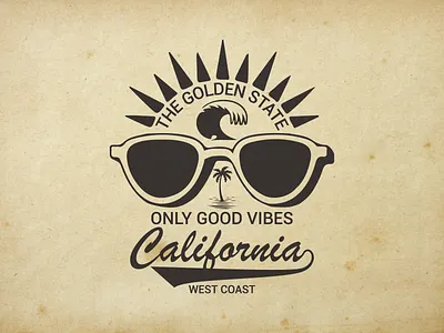 vintage-style California surf and beach illustration beach california design graphic design illustration logo ocean wave only good vibes palm tree retro summer sun sunglasses surfing the golden state travel typography vector vintage west coast