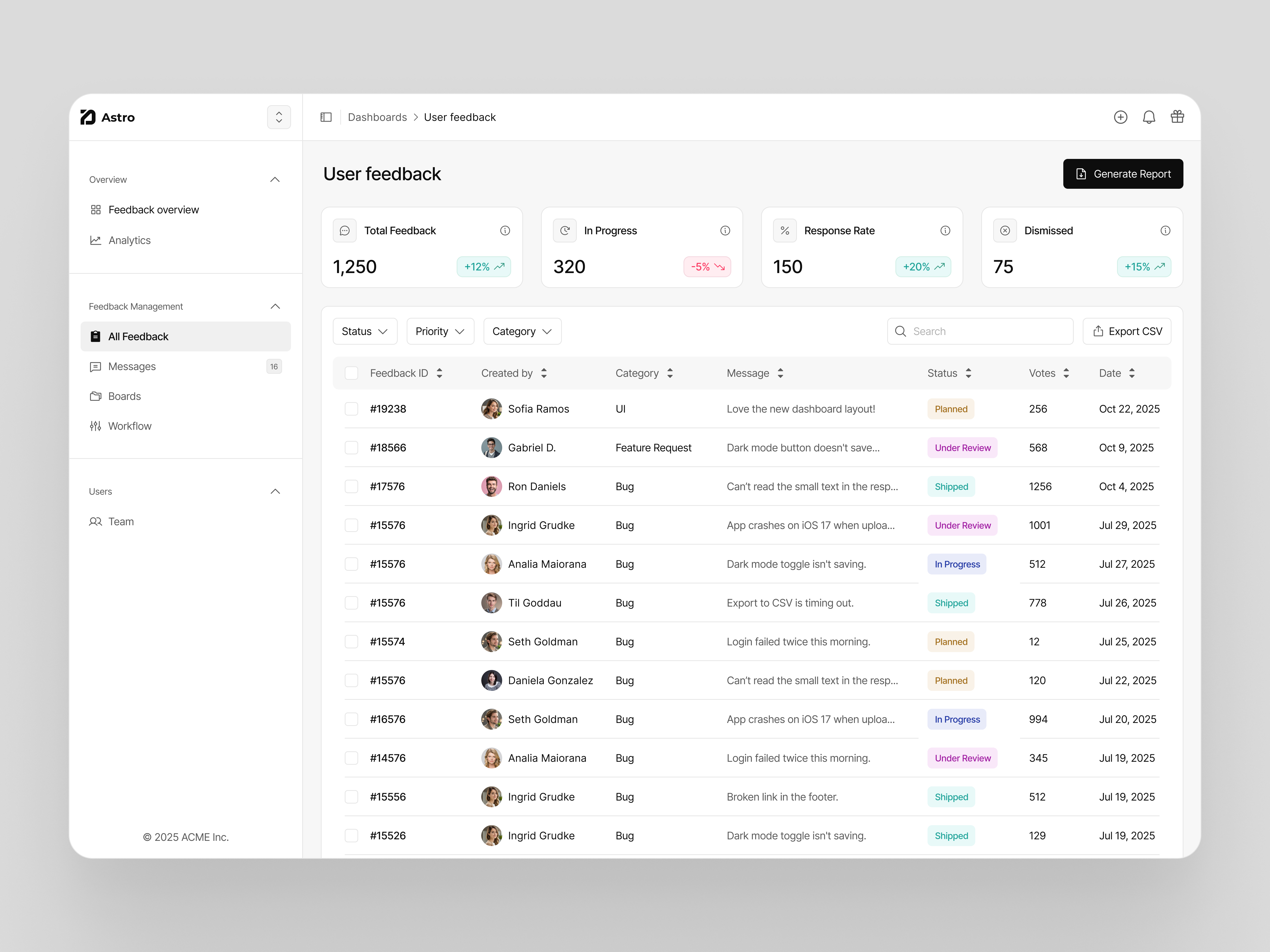 User feedback web app dashboard