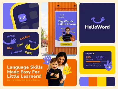 HelloWord – Playful Branding for Kids Language Learning App app brand identity branding children colorful education fun hello kids kids branding language language learning app learning logo design playful school smile ui wave word