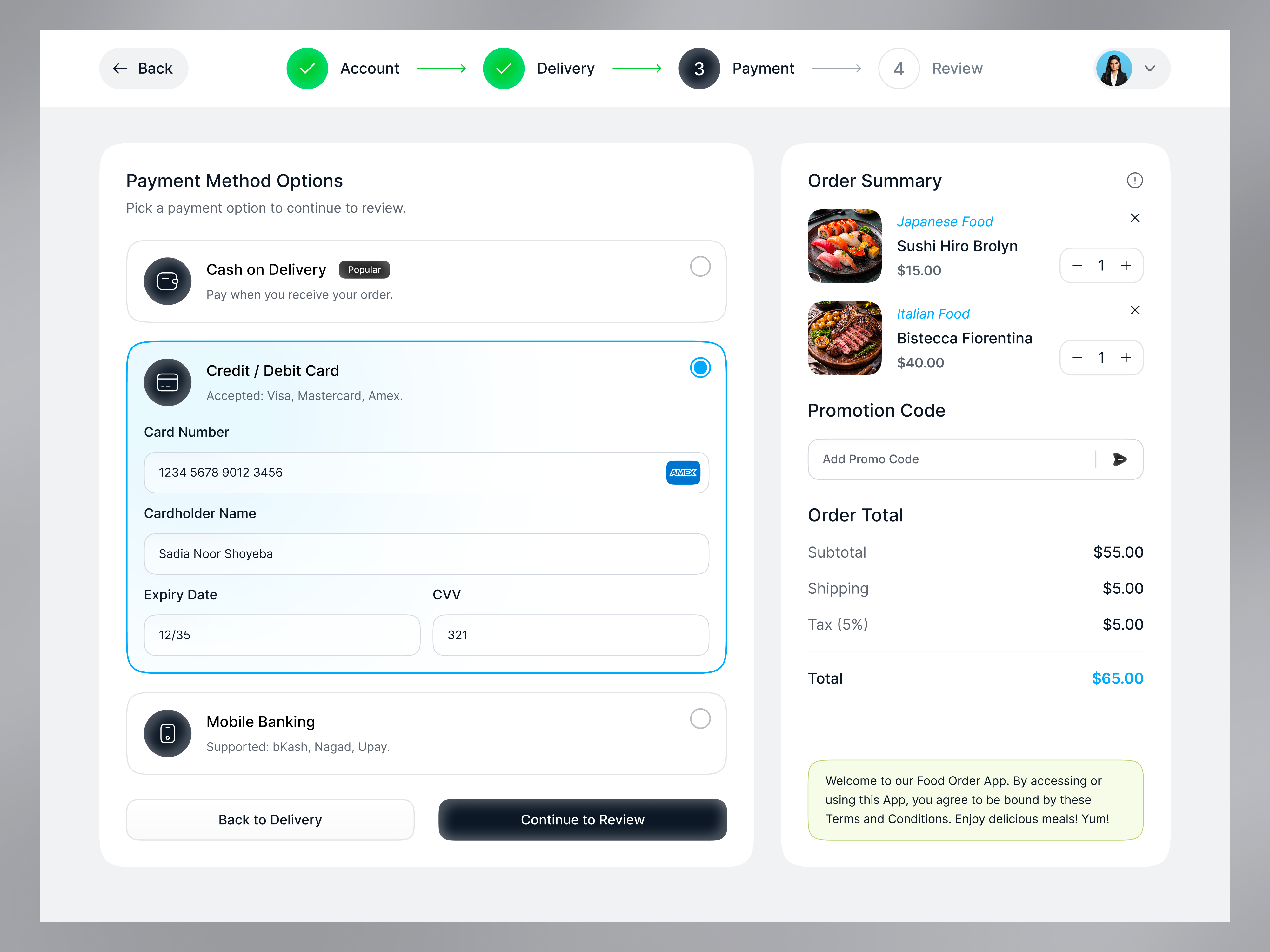 Checkout Page - Food Delivery Dashboard cart page checkout page clean design credit card form design system ecommerce ui fintech ui food delivery app interaction design minimal ui mobile banking modern ui order summary payment page product design responsive design saas platform ui design ux design web dashboard