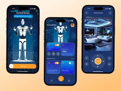 Nova AI Robot Control Mobile App UI ai ai app ai assistant app design automation camera dark ui design futuristic ui ios mobile app monitoring remote robot app robot assistant robot control smart device smart home technology app ui design