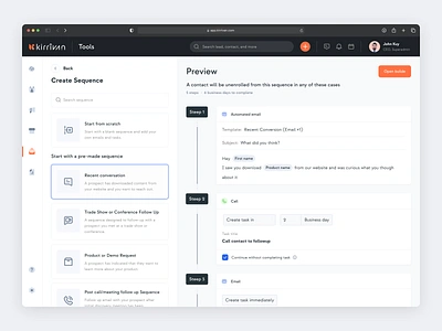 Kirrivan SaaS CRM - Create Sequence Automation app automation builder call contact conversation crm email form management message saas sales sequence task ui ux web