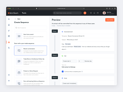 Kirrivan CRM - Create Sequence Automation app automation builder call contact conversation crm email form management message saas sales sequence task ui ux web