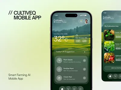Cultiveq — Smart Farming AI Mobile App UI UX Design agriculture app agritech mobile app ai mobile app design app interface design clean app design crop monitoring app dashboard mobile app data dashboard ui farm management ui farming app ui green theme ui mobile app inspiration mobile ui design modern mobile app panze panzestudio productivity app ui smart farming app ui ux design weather app ui