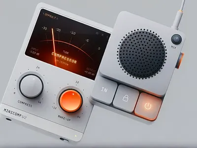 3D Compressor 3d ai audio compressor dark device display figma grok knob light metal meter orange screen speaker ui ux vst wu