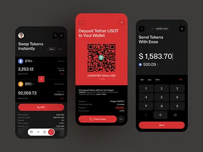 Crypto Exchange App UI — Web3 Wallet Design app design bitcoin blockchain crypto crypto wallet cryptocurrency dark mode dark ui defi ethereum fintech gradient ios mobile app neobanking product design token swap ui ux usdt web3
