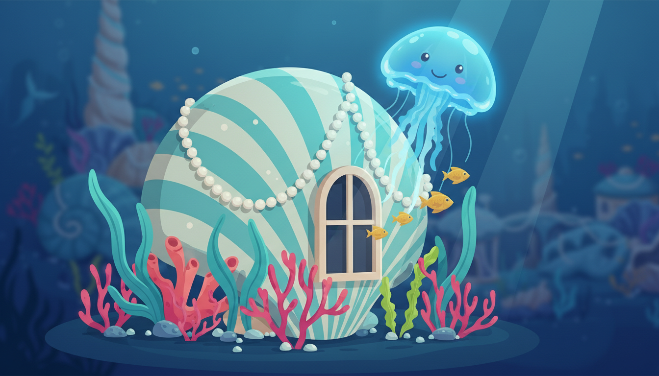 A charming, deep-sea background illustration in a cartoon style adventure cartoon illustration landscape illustration mermaid seascape seashell underwater web