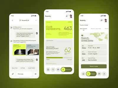 Roamify AI — Smart Hotel Discovery & Rewards App Screen ai recommendation app ai travel app app design inspiration app ui design booking platform ui clean interface design hospitality tech hotel booking app loyalty program ui luxury hotel app mobile app design mobile product design modern mobile ui panze panzestudio premium travel app rewards app design roamify app travel mobile app ui ux case study