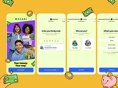 Kids & Teen Banking App | Onboarding Flow app banking app debit card family app finance financial app fintech kids app kids banking mobile money app onboarding pocket money app prepaid card product design step teen banking ui ux