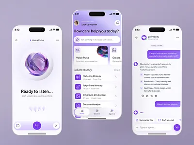 ZenFlow AI - A Calm Approach to Intelligent Productivity ai app ai assistant chat ui minimal ui mobile app design multimodal ai productivity app ui design voice assistant
