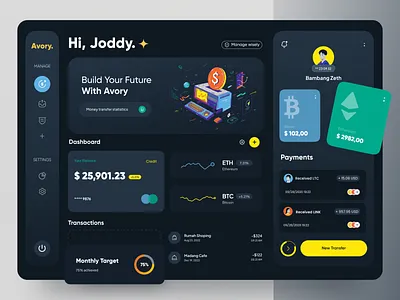 Avory - Cryptocurrency Dashboard banking bitcoin clean criptocurrency dahsboard design dark mode dashboard dashboard dark mode design figma figma design finance graphic design illustration minimal trading transaction ui ui design