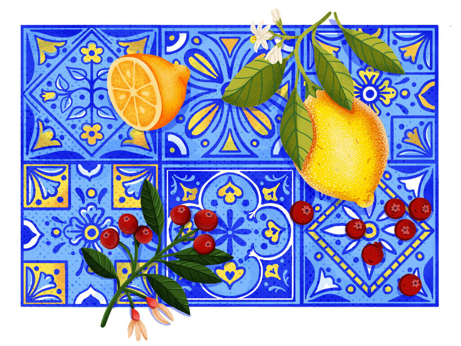 When life gives you lemons 🍋 biscuit bluetile cranberry handdrawn illustration lemon muti packaging pattern red rustic tile tinillustration yellow