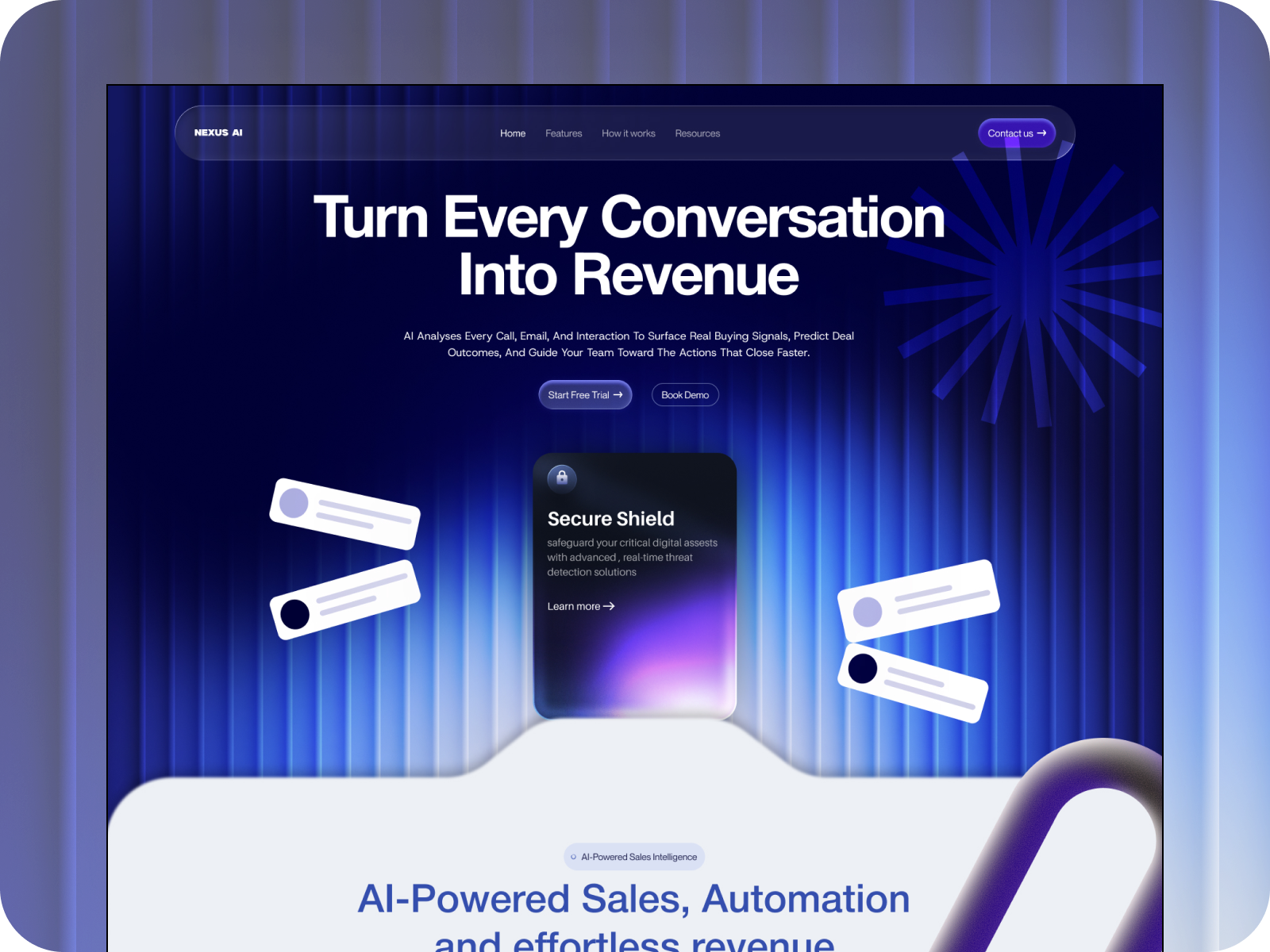 Nexus AI - Sales Intelligence Platform Landing Page aidesign b2b darkui dashboard glassmorphism herosection landingpage modernui productdesign saas salesintelligenc uiux webdesign websitedesign