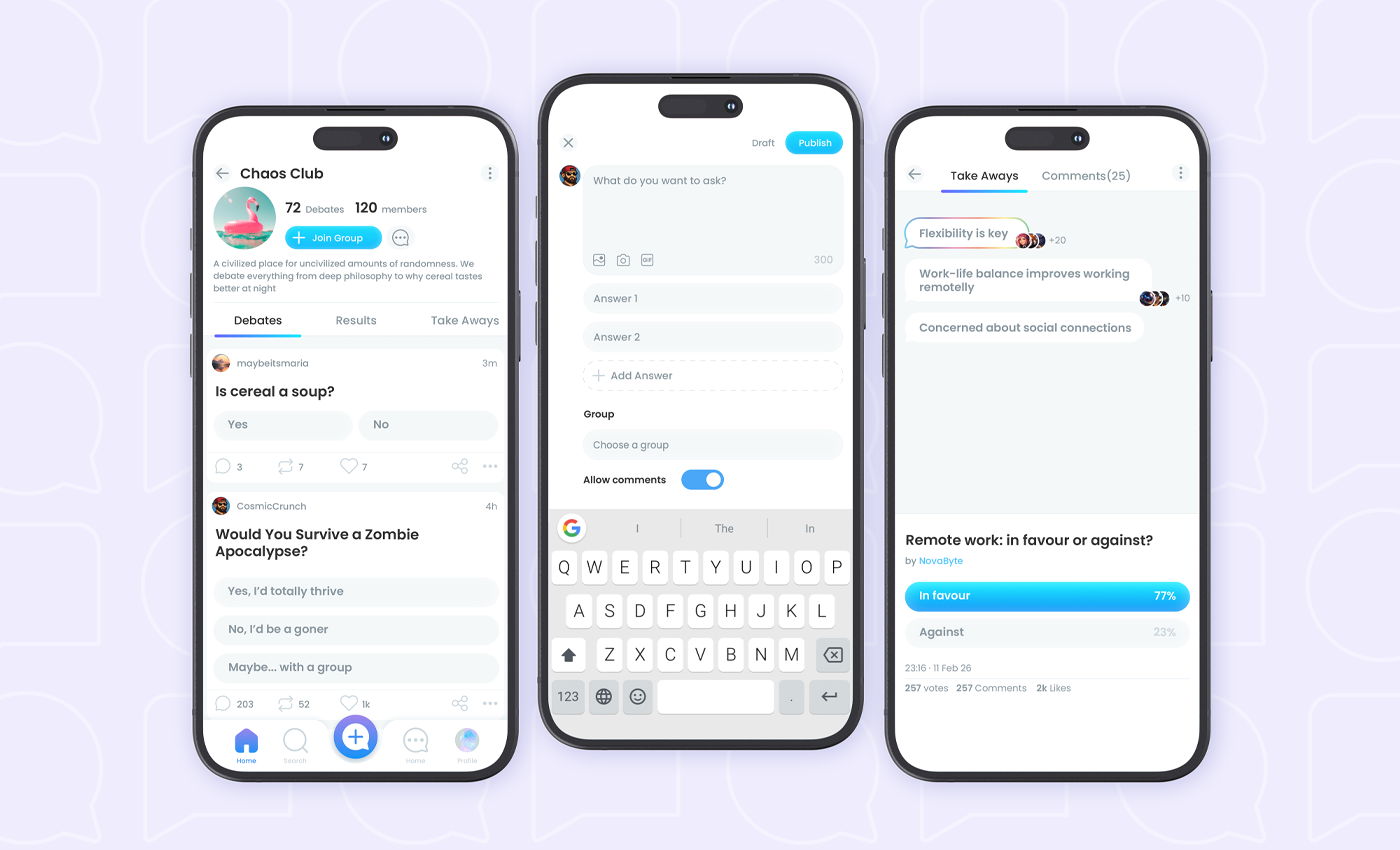 Wikiopps app design app comment communication community design feed poll post social social media ui ux