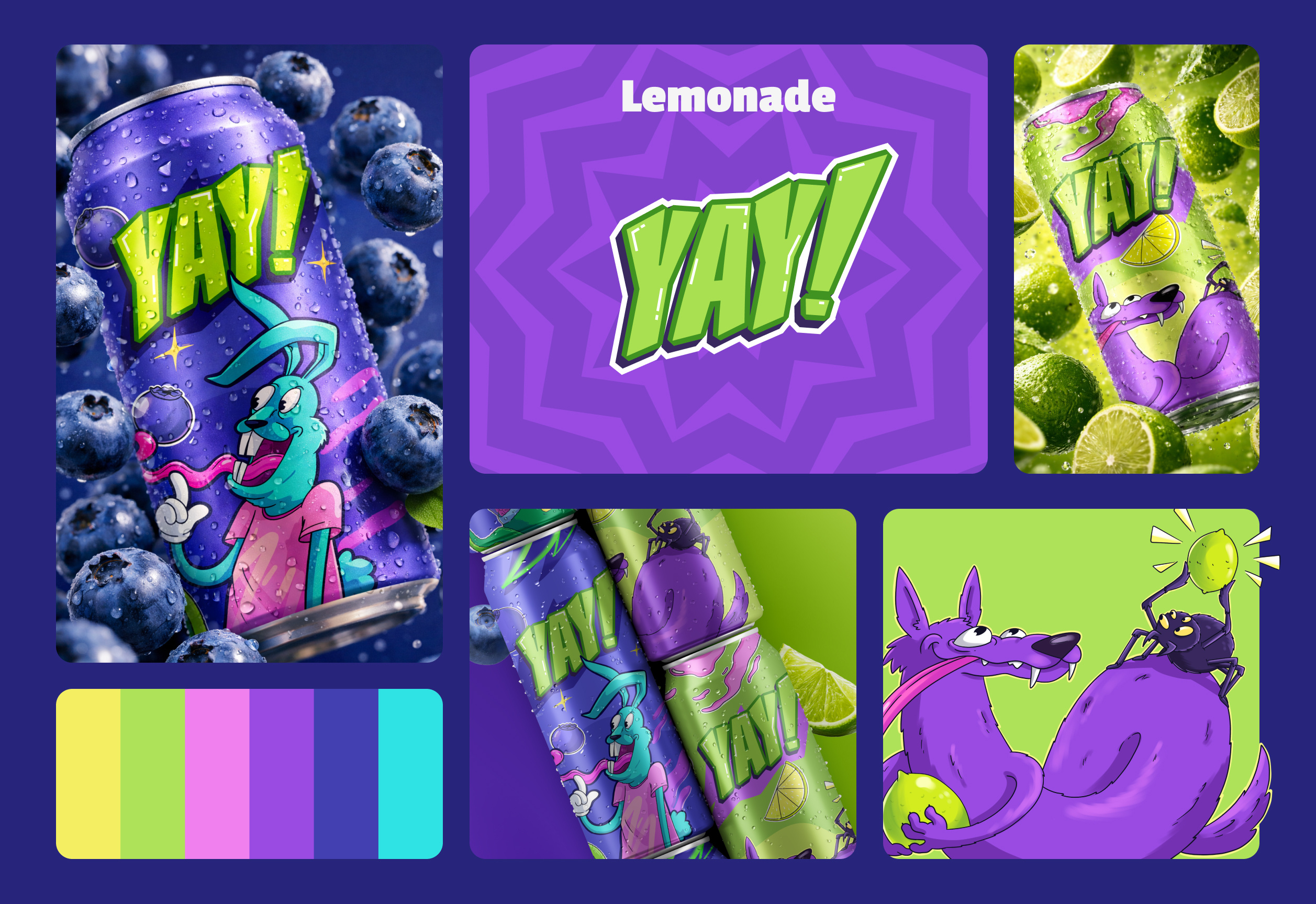 Design Lemonade YAY! animal art artist blueberry branding cartoon character design graphic graphic design illustration lime logo package design procreate purple yellow