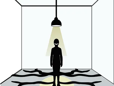 Surreal Horror Silhouette with Spreading Dark Roots in Spotlight business clean computer design desk desktop flat design home office illustration laptop minimalist modern notebook office plant potted plant technology vector workspace