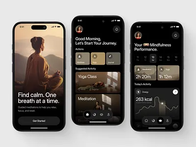 Meditation Mobile App activity app calendar cards class clean dark design fireart meditation mindfulness plan relax sport ui ux