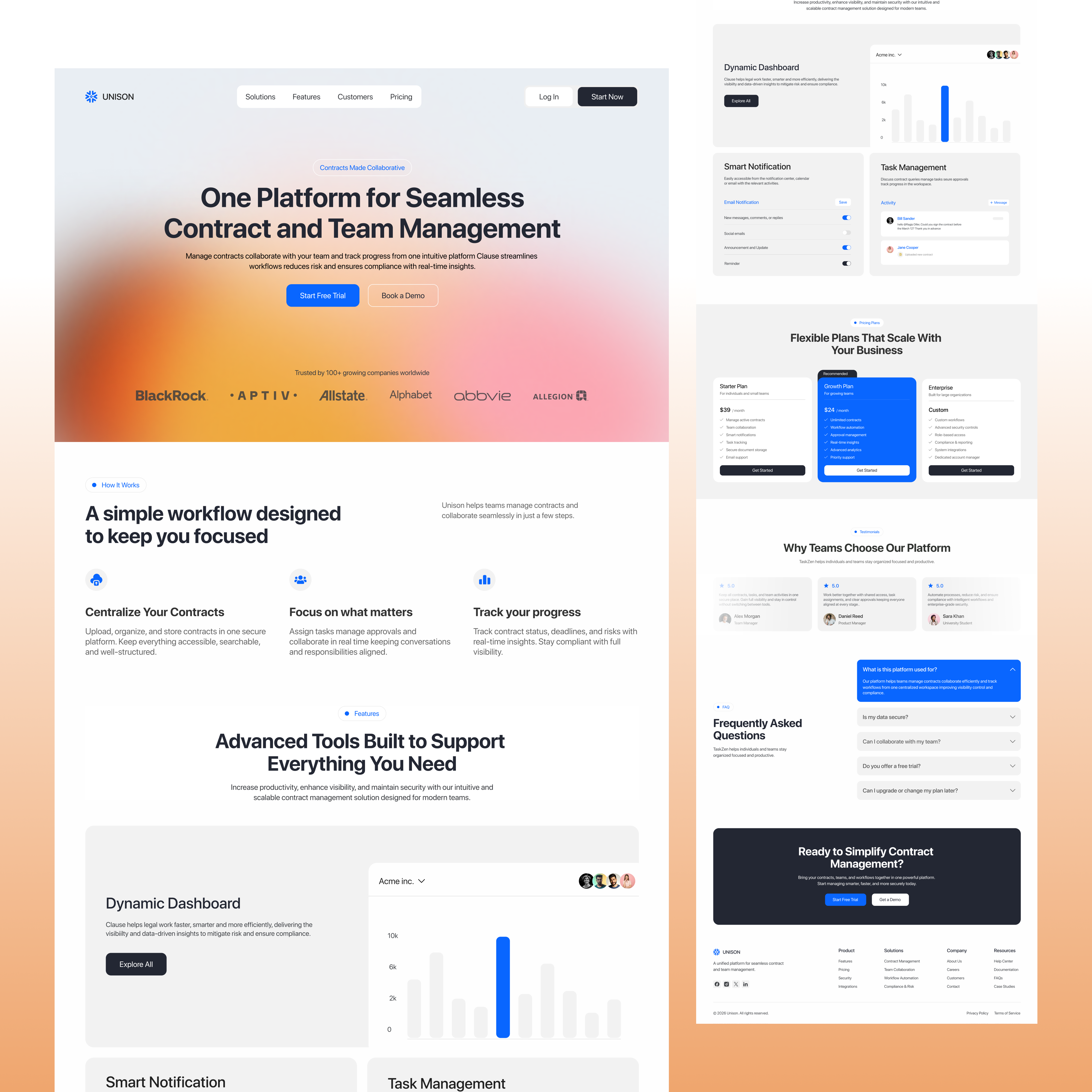 Unison – Contract Management SaaS Landing Page UI UX Design business automation contract management saas contract management software dashboard ui document management system enterprise saas landing page landing page design productivity platform saas landing page saas website team collaboration ui ui design uiux uiux design ux design web design website design workflow management