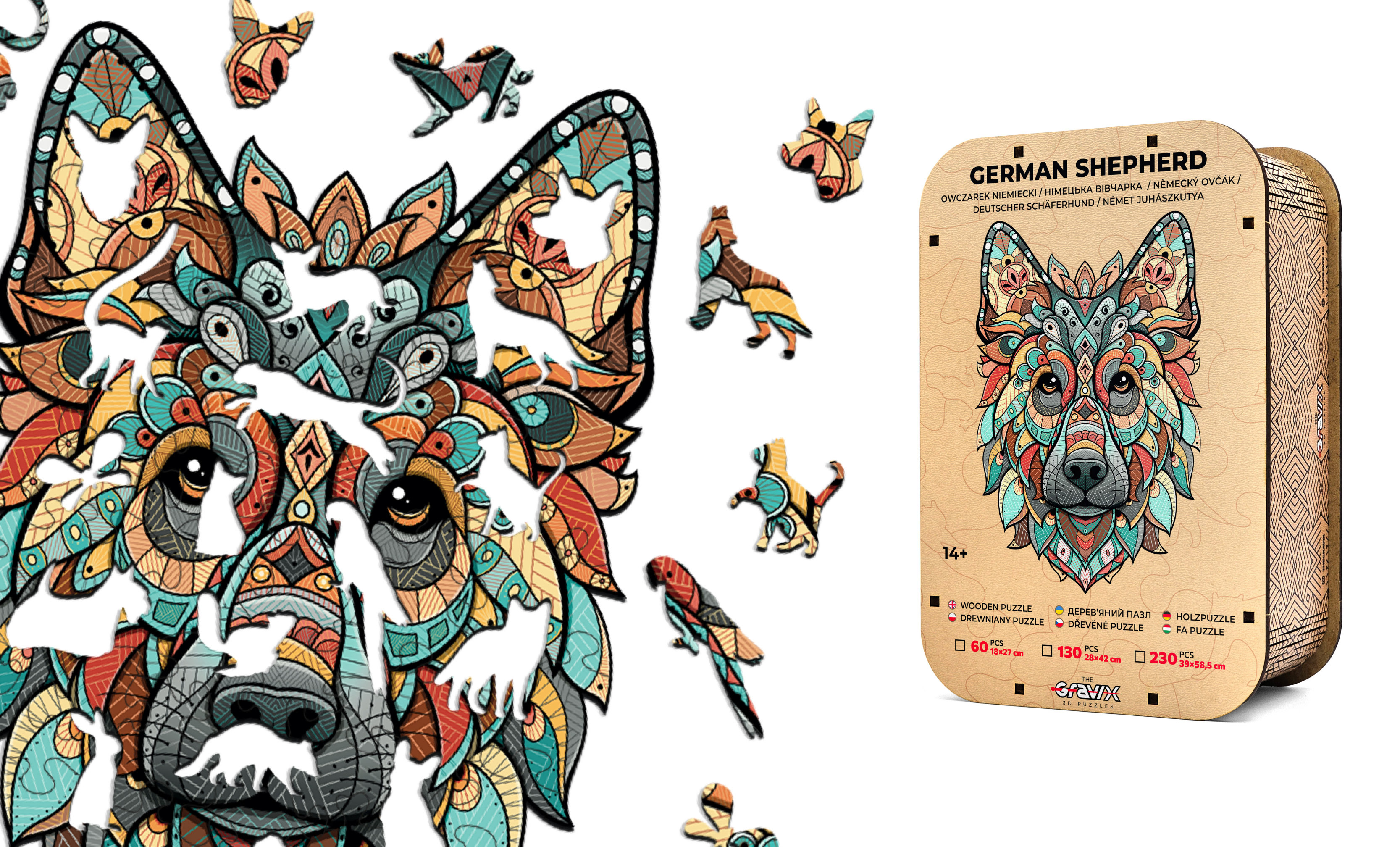 German Shepherd. Illustrated Wooden Puzzle animal illustration animalistic box die cut graphic design jigsaw puzzle laser cut outline packaging design puzzle puzzle design stylised toy design visualisation whismy pieces wooden puzzle