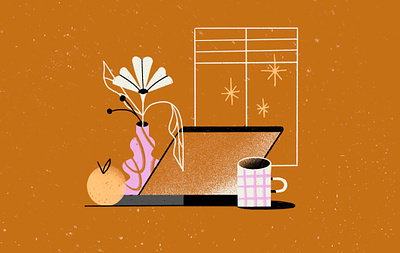 Workspace computer desk illustration laptop mug window workspace