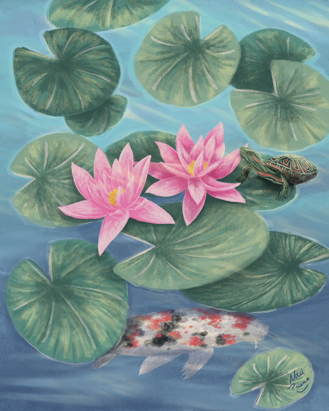 Pond Illustration art drawing illustration lotus nature pond procreate turtle water