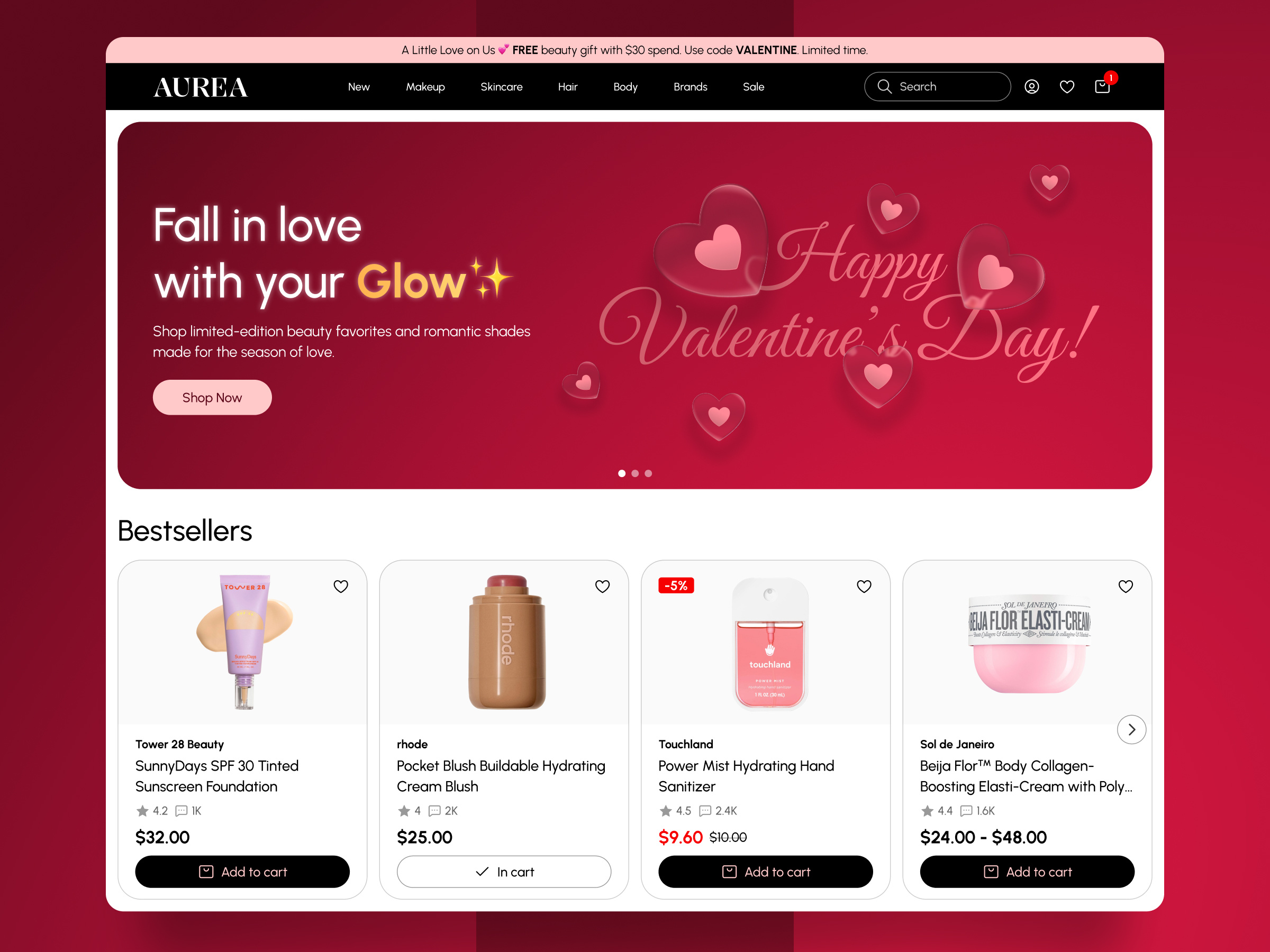 AUREA — Cosmetics Store Website E-Commerce Design banner beauty concept cosmetic design ecommerce graphic design landing page makeup minimal product page design skincare store ui ux valentine web design website