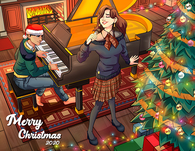 Greeting Card Design character christmas christmas tree couple illustration piano pose singing stay at home togetherness