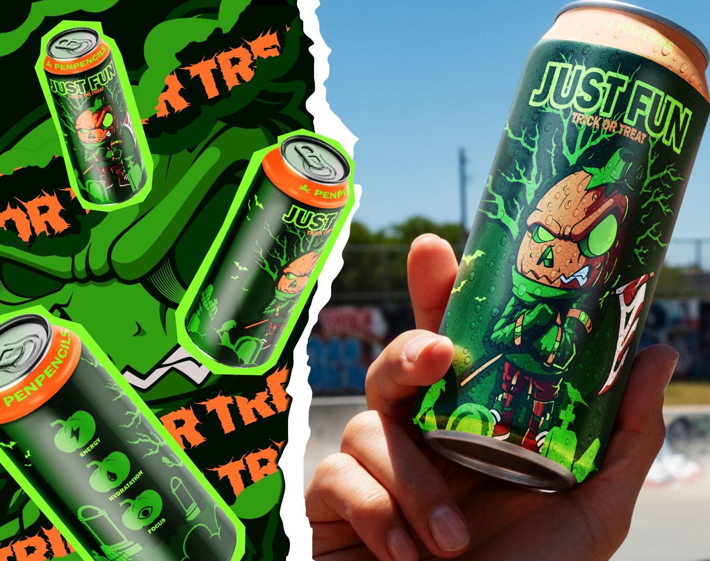 Halloween Energy Drink – Pumpkin Can Label Design brand branding canofsoda characterdesign design drink energy energydrink graphic design illustration label labeldesign soda vector