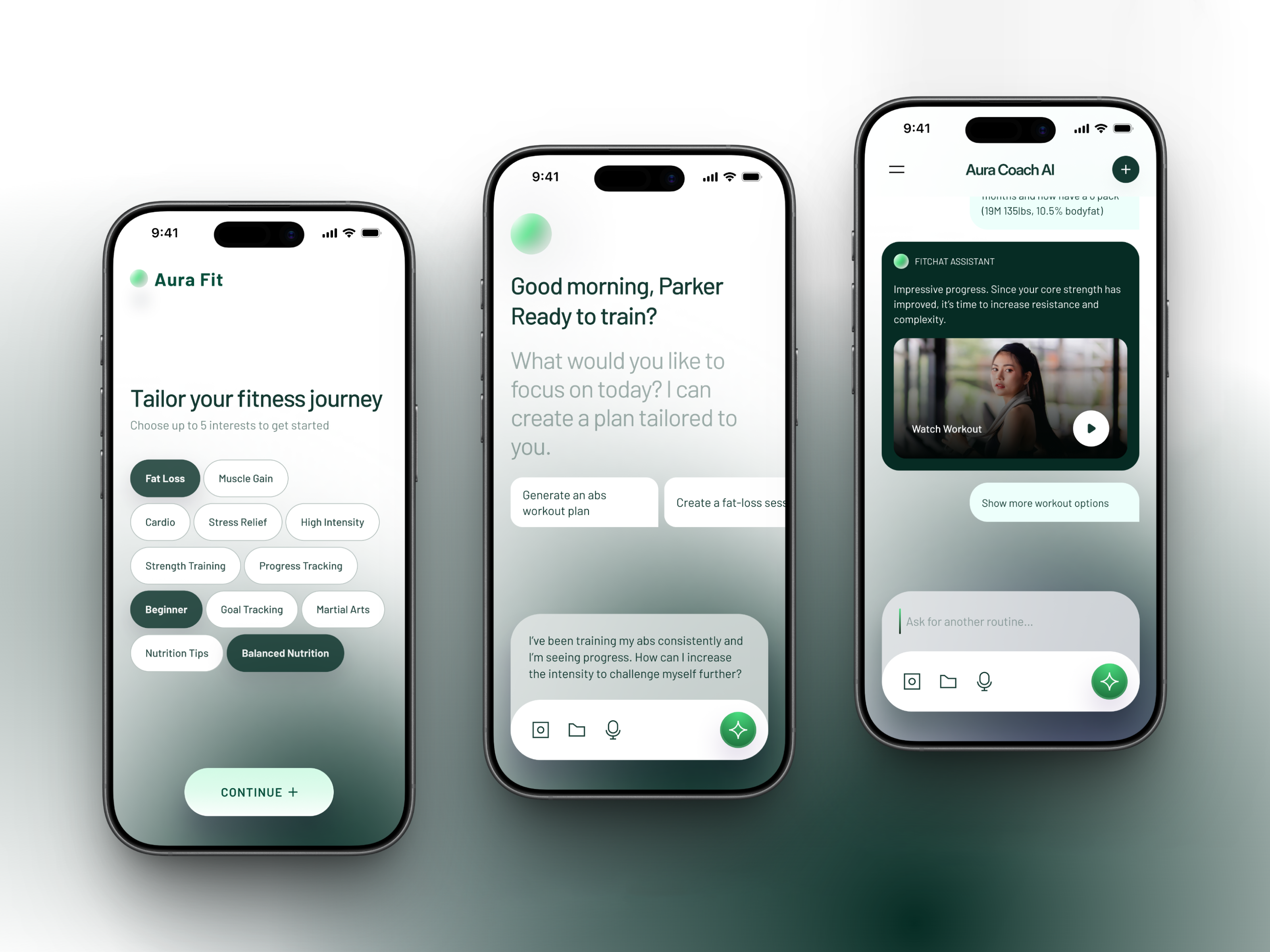Aura Fit - AI Powered Personal Trainer Mobile App ai app design artificial intelligence chat interface chatbot clean ui design fitness app health interaction design interface ios minimalist mobile app design personal trainer ui ux workout tracker