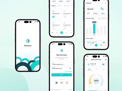 Oklahome - Mobile App Interaction Design airconditioner app controller home house interaction lamp login motion notification onboarding power rotate drag schedule slider smart smarthome statistics uiux voice