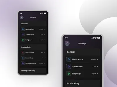 AI Productivity App – Settings Screen ai assistant app ai settings ai ux design app settings ui clean ui dark mode ui interface design minimal ui mobile app design mobile settings screen modern dashboard productivity app productivity tools saas mobile app smart app controls system settings tech app design toggle ui design user preferences ux ui design