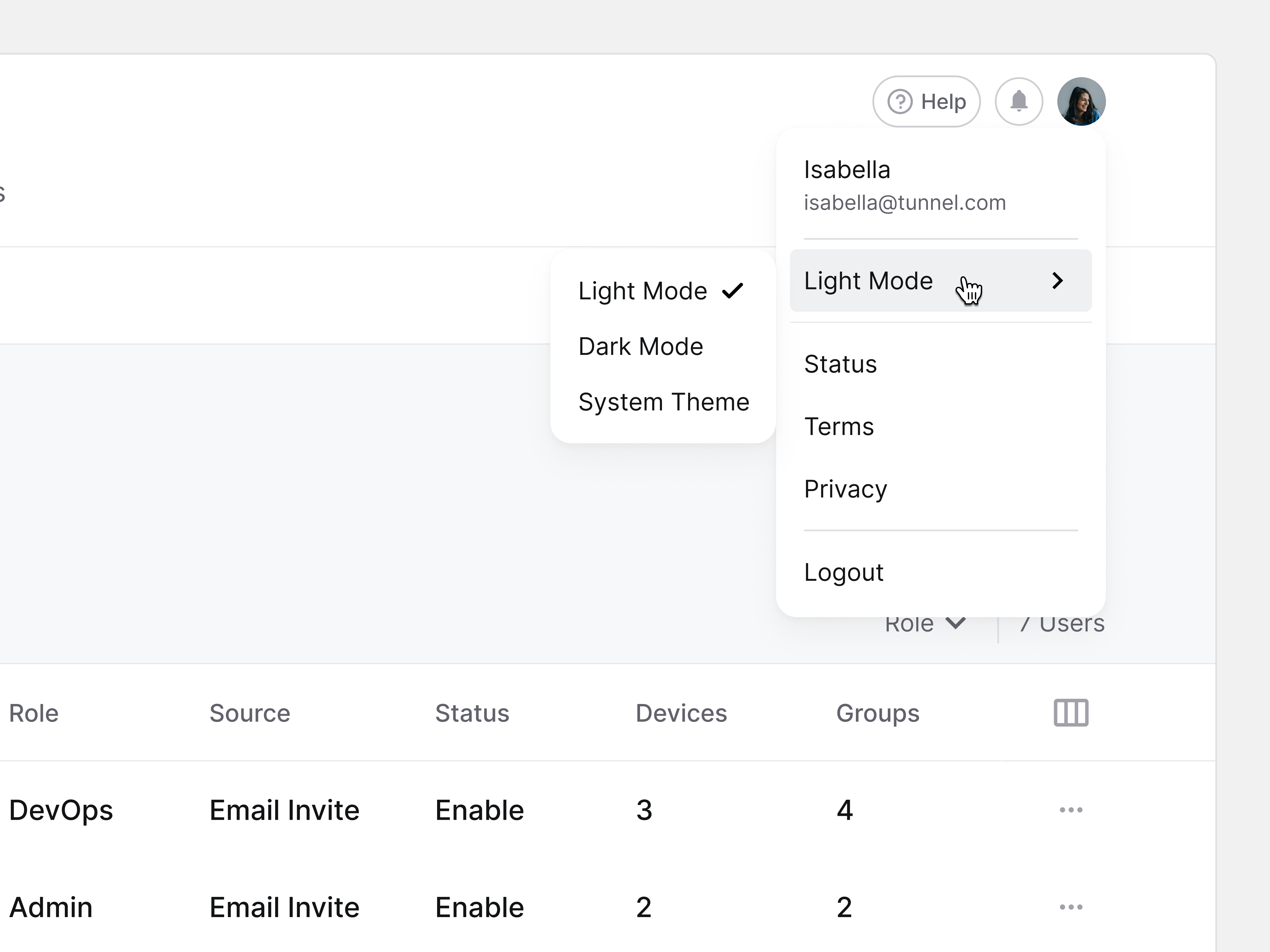 Tunnel - Switch Mode Popovers branding dark dashboard design light modal mode popovers profile section switch ui ux webapp website