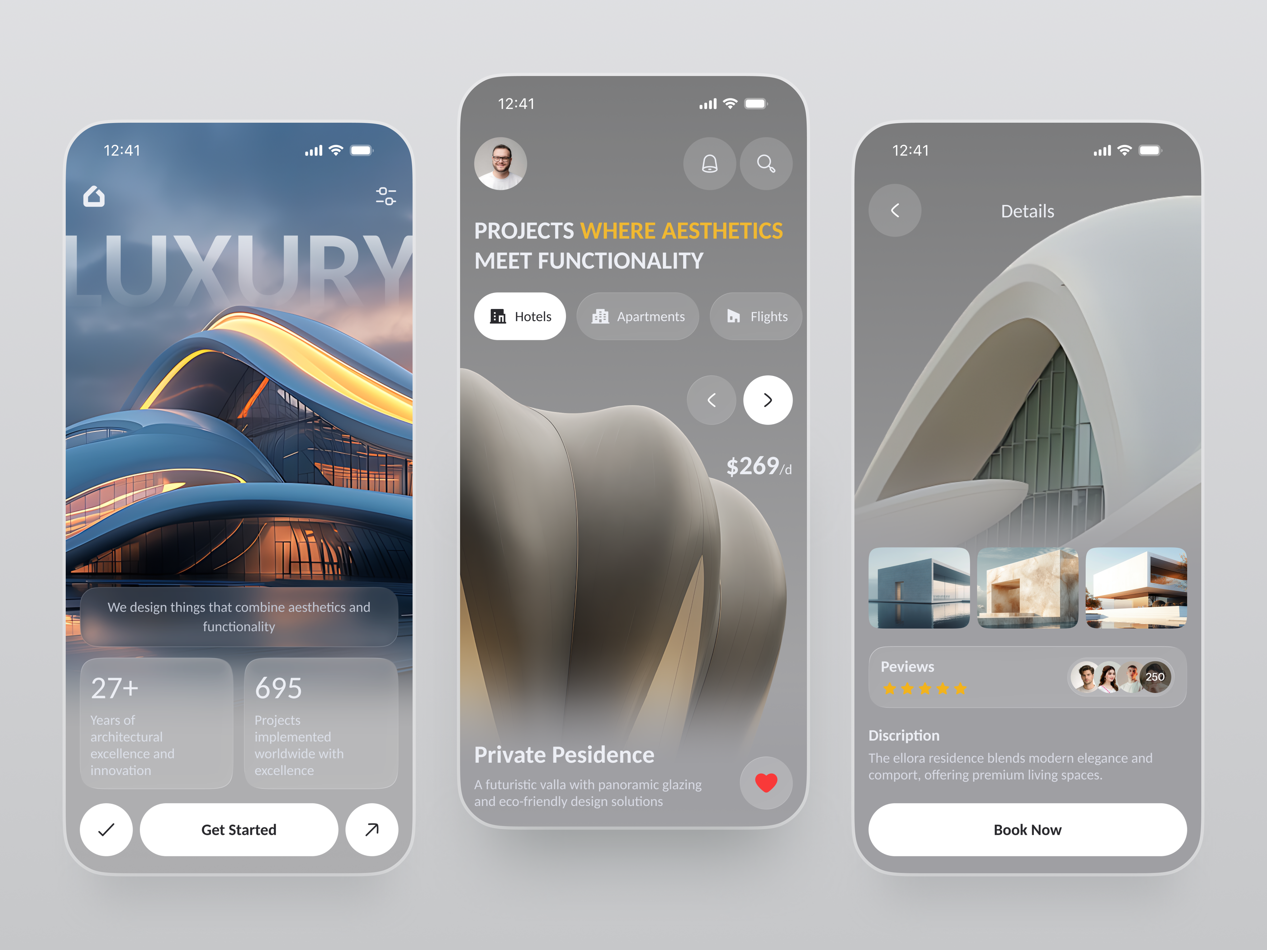 Luxury Hotel Booking Mobile App - Smart Travel Planning booking booking app card design clean ui hotel booking ios app luxury app minimal mobile app mobile ui design modern app ui product design property app real estate real estate app travel app uiux ux design