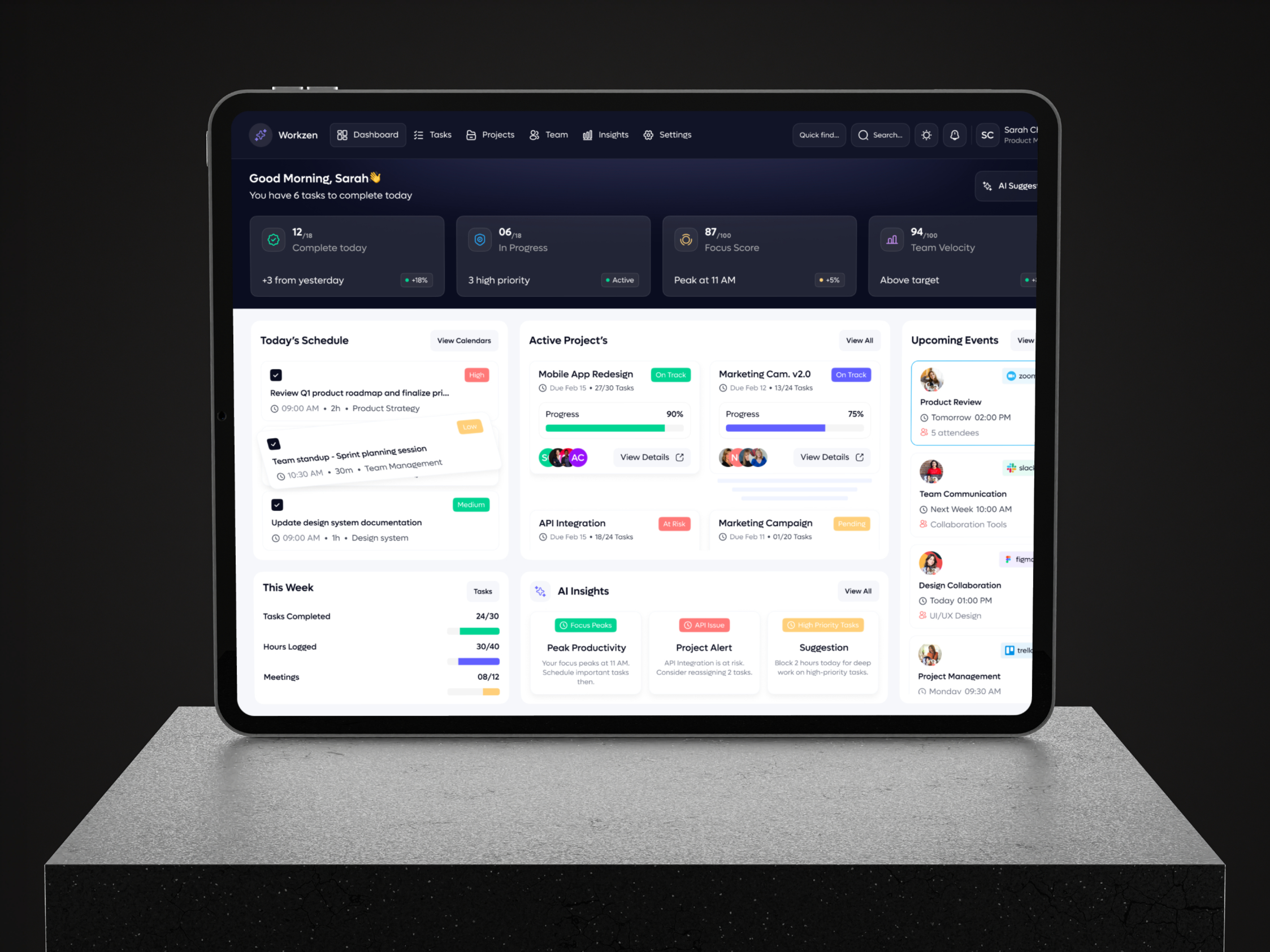 Work Zon - AI Productivity Dashboard aidashboard aiproductivity automationtools cleandesign dashboarddesign datadrivendesign designtrends2026 digitalproduct futuristicui interfacedesign modernui productivitydashboard projectmanagement saasdesign smartworkspace taskmanagement teamcollaboration uidesign uxdesign workflowoptimization