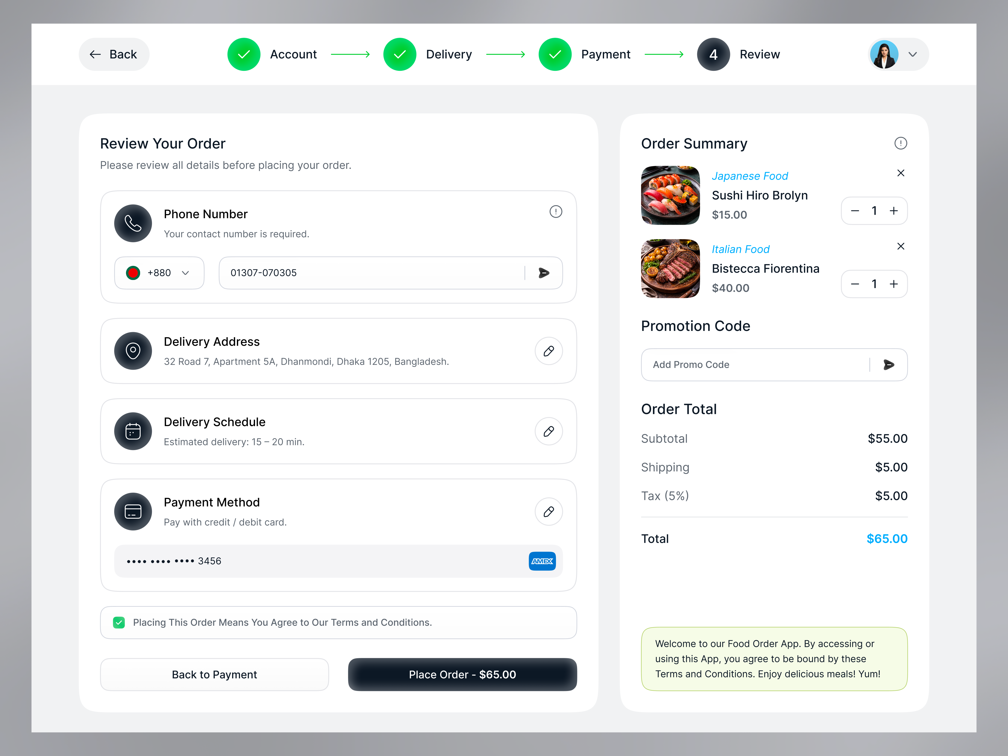 Checkout Page - Food Delivery Dashboard checkout page clean design dashboard ui delivery app design system ecommerce ui fintech ui food delivery app interaction design minimal ui mobile app design modern ui order summary payment flow product design responsive design saas dashboard ui design ux design web app