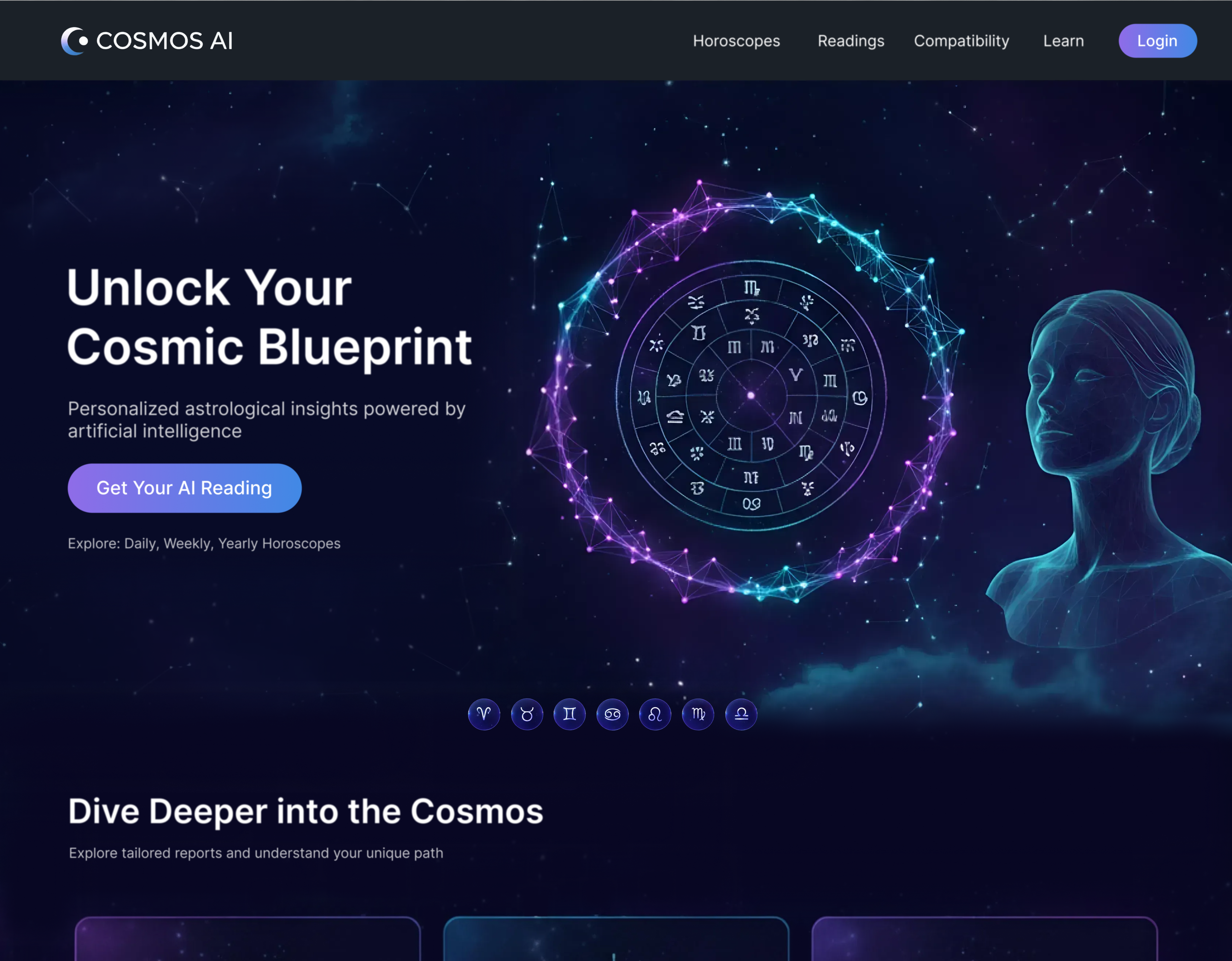Cosmos AI – Astrology & Horoscope Web UI Design ai design astrology app cosmic design dark ui futuristic ui gradient design hero section horoscope website landing page modern website saas design ui inspiration web design website concept