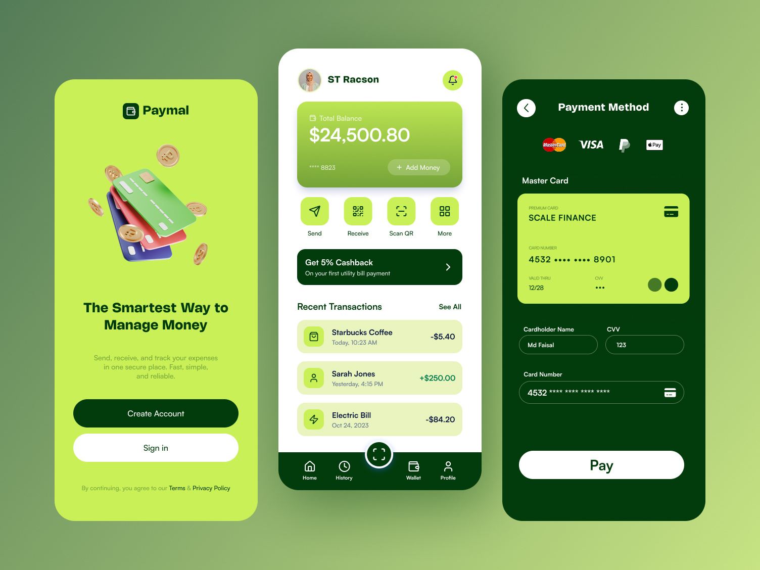 Paymal – Fintech Mobile App UI Design app appdesign clean ui digital wallet finance dashboard fintech app mobile banking ui modern app pay payment payment app design product saas ui ux wallet