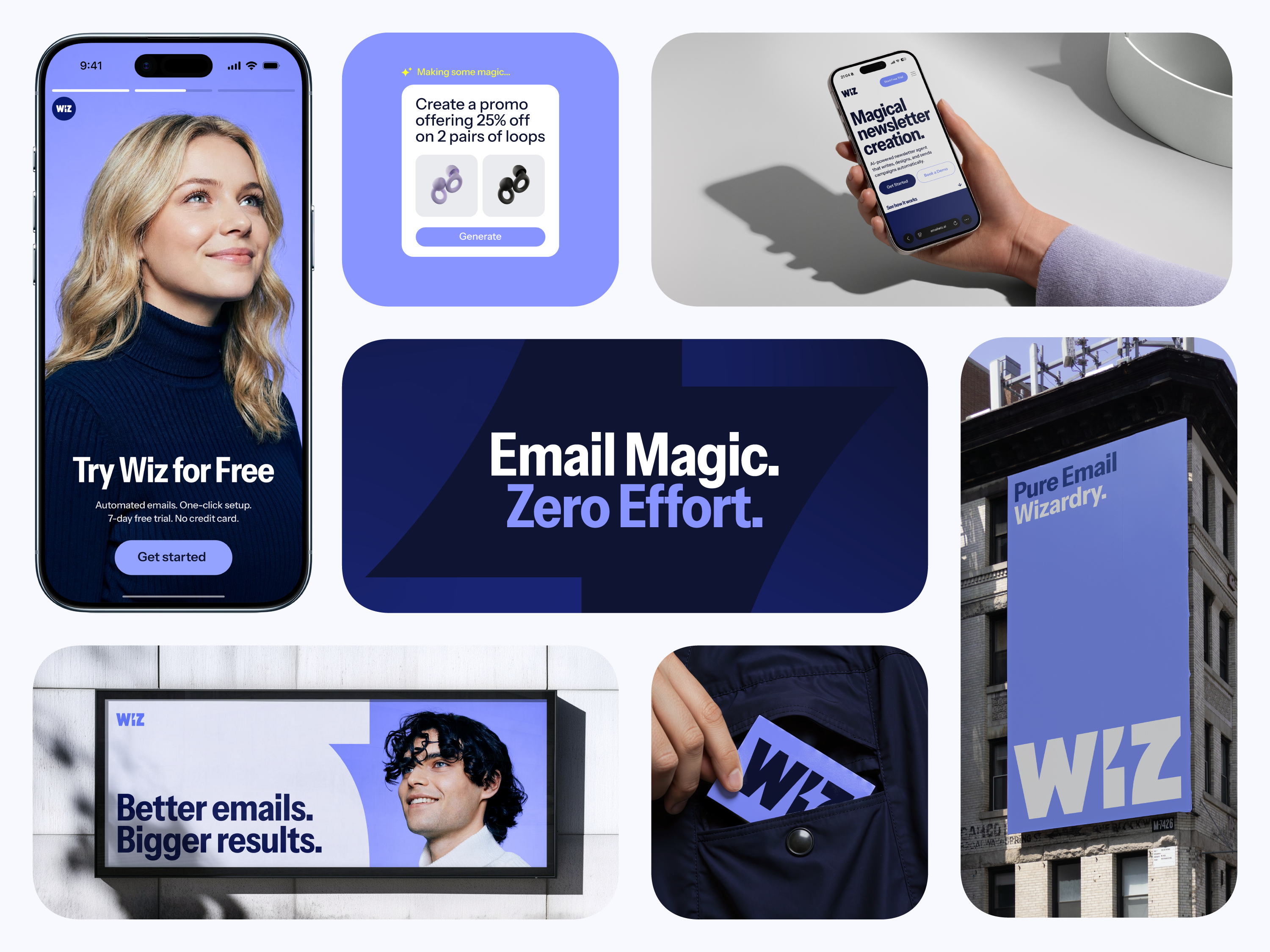 Wiz AI — Bold and Magical Brand Identity ai automation app icon bento bento grid bold wordmark bolt branding bolt icon bolt logo brand identity custom wordmark email automation email marketing lavander blue light branding magic branding magic logo magical marketing branding modern branding shopify app
