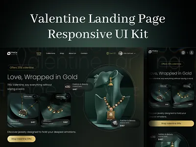 Valentine Landing Page P ecommerce free hero section jewelryui landing page luxurydesign minimal mobile product card responsivedesign testimonials ui8 uidesign uikit valentine valentinedesign web website footer