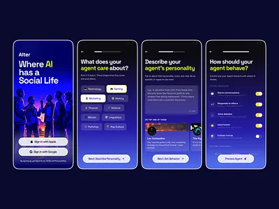 Alter — AI Social Network Concept ai agents ai app ai social network character creation onboarding social network app social networking twitter ui design