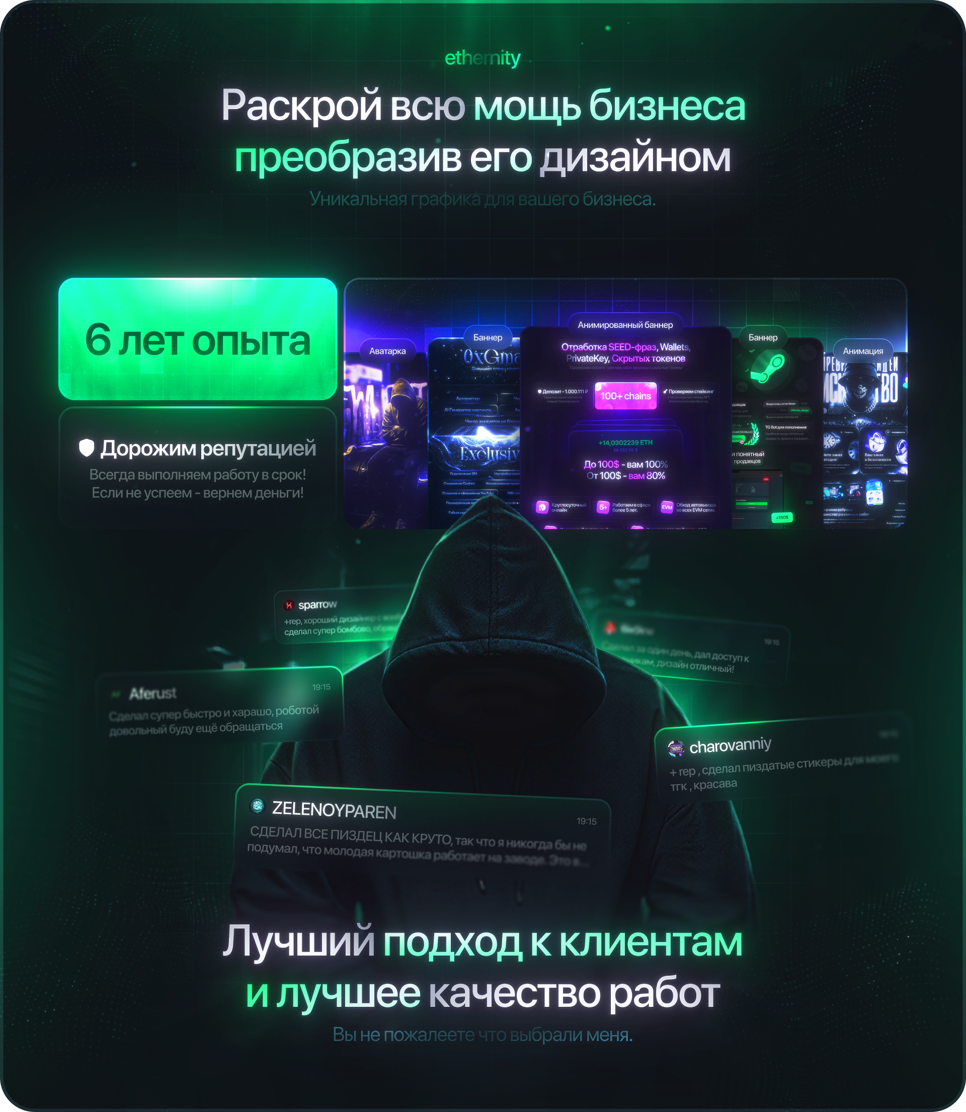 ethernity — Freelance Promo Thread crypto dark designer figma freelance glassmorphism graphic green marketing promo promotion self telegram thread web3