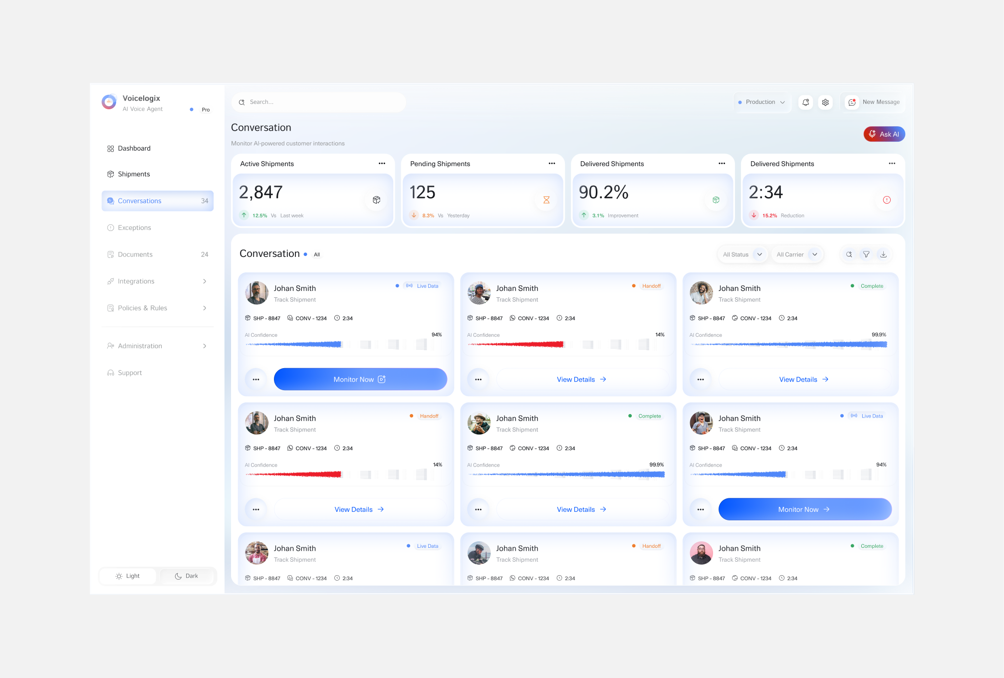 AI Voice Agent Conversation - Logistics agentic agentic interface logistics agents ai powered logistics ai voice agents analytics artificial intelligence crm data logistics minimaldashboard product design saas software uber freight