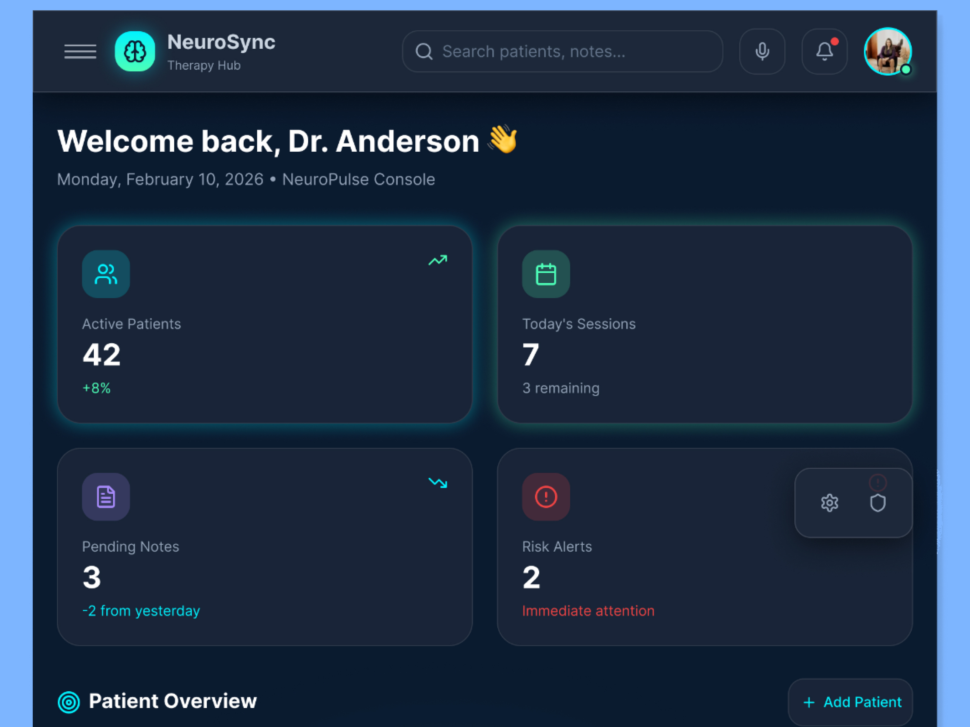NeuroSync: Mental Health Provider Dashboard admin panel app design b2b design clinical dashboard dark mode dashboard ui data visualization health tech healthcare ui high contrast medical dashboard mental health app neurosync. patient management progress tracker saas design telemedicine therapy app user interface uxui
